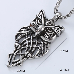 Men's retro owl pendant necklace in silver stainless steel with detailed dimensions