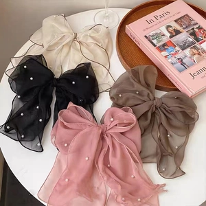 Large Bow Hair Clip Chiffon Organza Faux Artificial Pearl Studded Oversized Elegant Headwear For Women Korean Chic Style Hairpin