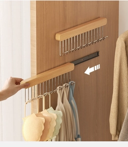 Pull-out wooden closet hanger with metal hooks for organizing tank tops and bras