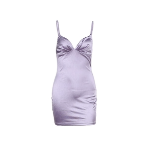 Detailed view of lavender satin bodycon dress with deep V-neck and ruched texture