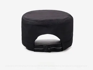 Rear view of black military flat top hat featuring adjustable plastic buckle strap and seams