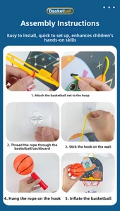 Detailed six-step assembly guide for the indoor cartoon mini basketball hoop system