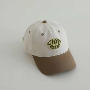 Close-up of Chill Out embroidery and two-tone vintage style on kids baseball cap