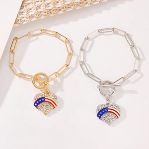 Detail of USA flag heart pendants on paperclip chain bracelets with T-Bar clasps
