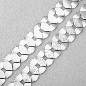 Polished silver stainless steel flat geometric link chain with brushed sand finish texture
