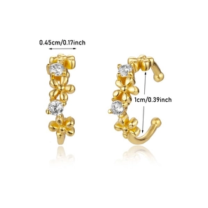 Detailed view of daisy zircon ear cuffs with precise measurements in gold finish