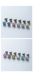 Macro display of opal star and heart stud earrings with silver screw backs