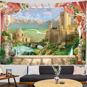 Detailed view of landscape tapestry showing European castle and pink flower balcony