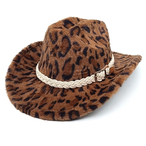 Detail of leopard print faux fur texture and braided strap on Western cowboy hat