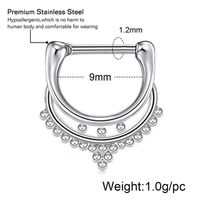 Detail of 1.2mm stainless steel septum nose ring showing 9mm inner diameter dimensions