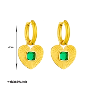 Striped gold heart earrings with green crystals and chunky stainless steel hoops