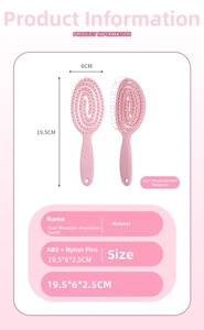 Pink vented hair brush with ABS and nylon needles showing dimensions 19.5 x 6 x 2.5cm