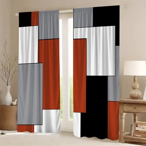 Detail view of geometric block pattern polyester blackout curtain with rod pocket design