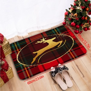 Detail of red plaid Christmas doormat with golden reindeer silhouette and 40x60cm size info