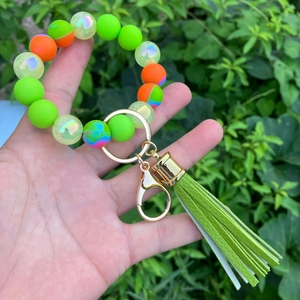 Silicone Bead Keychain Bracelet With PU Tassel Alloy Clasp Geometric Candy Color Wristlet For Women Men
