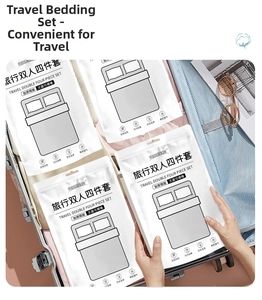 Disposable double bedding set in portable packaging inside a suitcase for clean travel