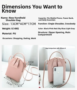 Pink PU leather crossbody bag size specs 13x4x17cm with iPhone X scale comparison