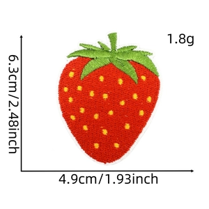 Detail view of red strawberry embroidered patch showing dimensions 6.3cm by 4.9cm