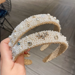 Wide Padded Headband With Faux Artificial Pearls And Rhinestone Star Elegant Korean Style Handmade Hair Hoop For Women