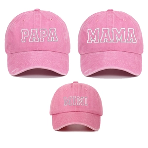 Pink washed cotton baseball cap set with PAPA, MAMA, and MINI white embroidery