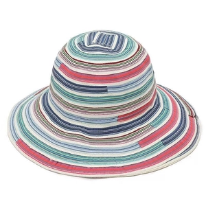 Detailed view of the colorful striped woven beach hat with fine embroidery and wide brim