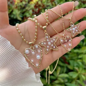 Herz Stern Anhänger Halskette Imitation Künstliche Perle Goldton Kupfer Kugelkette Süßer Hohler Schmuck Für Frauen Romantik