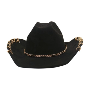 Fashionable black suede cowboy hat with gold metal chain trim for stage performances