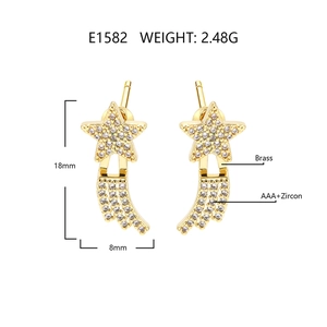 Detail view of gold star tassel earrings with dimensions 18mm by 8mm and Zircon weight