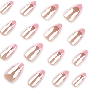 Pink French almond press on nails with shiny silver chrome mirror tips set