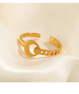 Dettaglio macro della mezzaluna placcata oro 18K e catena su anello in acciaio inossidabile