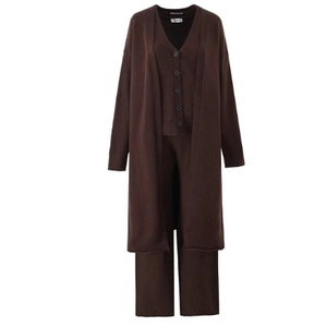 Women's 3-piece knit set featuring long cardigan, buttoned vest and wide-leg pants in dark brown
