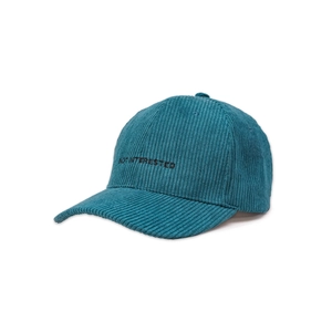 Detail showing the 'NOT INTERESTED' black embroidery on teal corduroy baseball cap texture