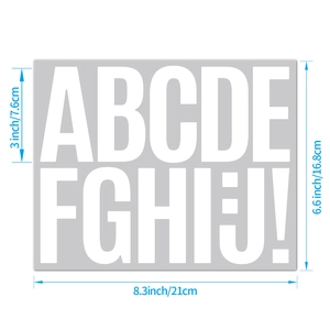 Detail of 3-inch waterproof letter stickers with precise height and width measurements