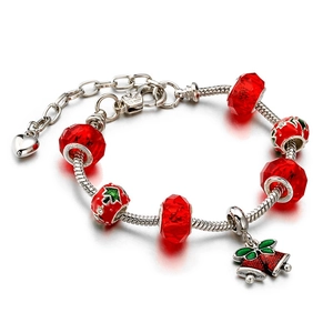 Red Christmas charm bracelet with snowman bells and glass beads on adjustable snake chain
