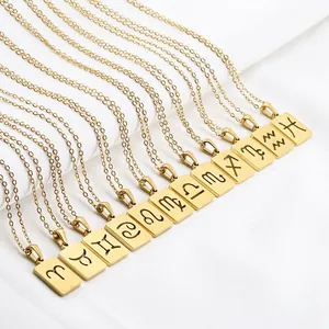 Colliers pendentifs rectangulaires 12 signes du zodiaque en acier inoxydable doré 18K