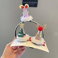 Detail of DIY Christmas hair clip accessories with mini Santa hats and sequins