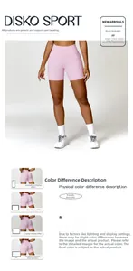 Vue détaillée du short de yoga rose à taille haute en tissu sans couture sur un modèle