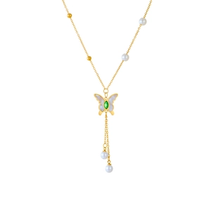 Butterfly Pendant Necklace Titanium Steel With Shell And Green Gemstone Artificial Pearl Tassel Elegant Jewelry For Women
