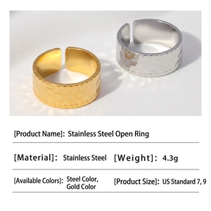 Minimalist stainless steel open ring with creative hammered texture in gold and steel finishes