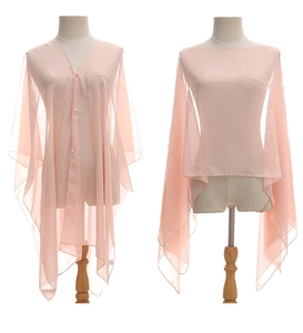 Detail of pink chiffon sun protection shawl with pearl button and multi-way styling