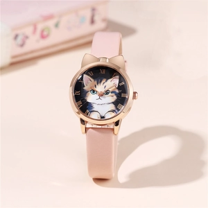 Cute cat ears wrist watch with pink leather strap and rose gold Roman numeral dial
