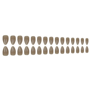Glossy almond-shaped press-on nails in taupe, 24 pieces set in various sizes