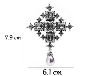 Detail shot of Baroque cross brooch with pearls and stones measuring 7.9cm by 6.1cm
