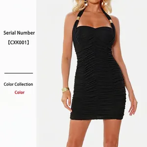 Women Halter Neck Mini Dress Ruched Bodycon Backless Party Clubwear Sleeveless Polyester With Gold Metal Buckle