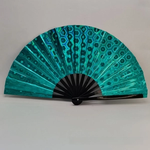 Close-up of green laser folding fan featuring hexagonal honeycomb texture and black frame