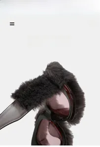 Detailed view of dark grey plush furry frame sunglasses with super elastic and lightweight features