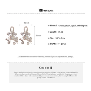 Detailed size and material specification chart for pearl tassel earrings with zircons