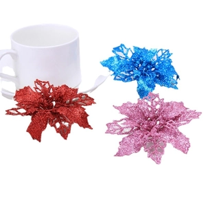 Glittery 10cm hollow artificial poinsettia flowers in red blue and pink for Christmas tree