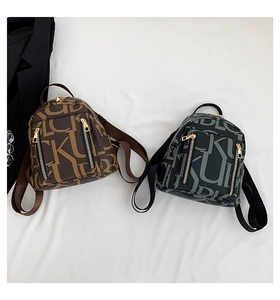 Detail of small PU leather backpacks with letter prints in brown and black-grey colors
