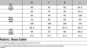 Detailed size chart for satin scarf dress including bust waist and hip measurements